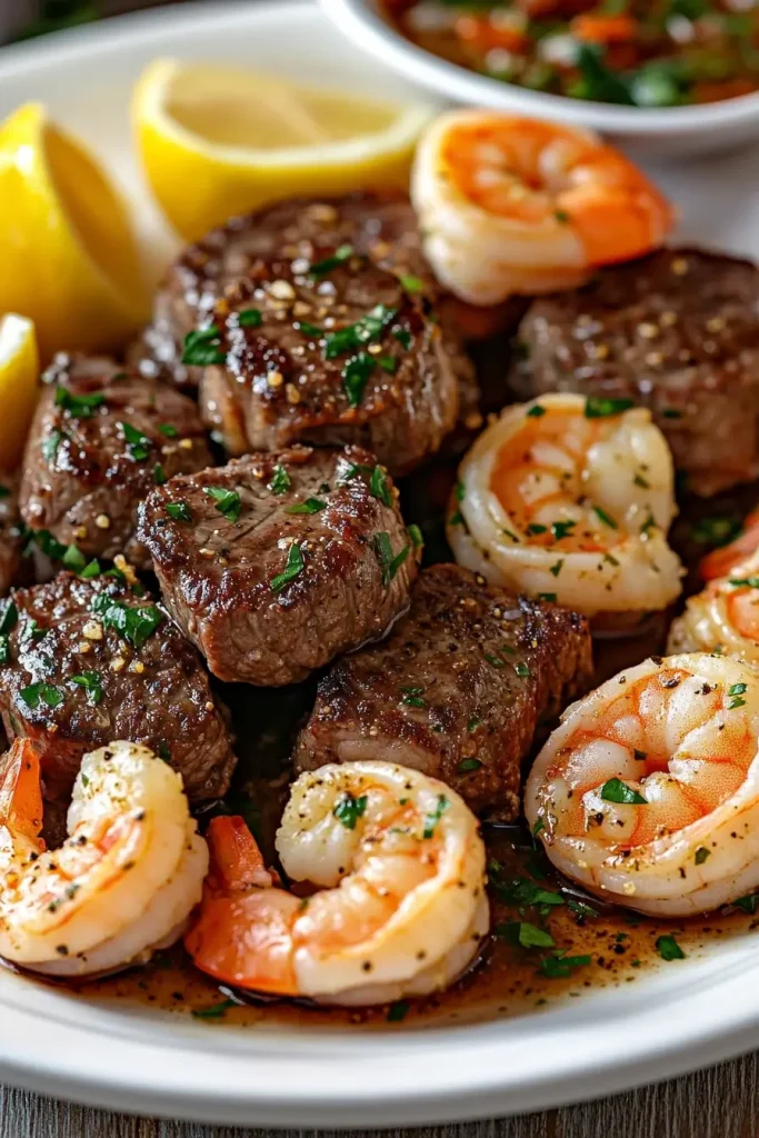 Garlic Butter Steak Bites with Jumbo Shrimp